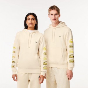 Men's Lacoste Contrast Crocodile Hoodie Cream | DPA187690