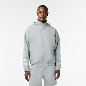 Men's Lacoste Contrast Details Water-Resistant Zip-Up Jackets Grey White | HMF693508