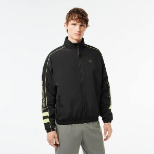 Men's Lacoste Contrast Details Water-Resistant Zip-Up Jackets Black Flashy Yellow | BVT236175