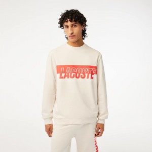 Men's Lacoste Contrast Logo Print Fleece Sweatshirt Beige | JCE076589