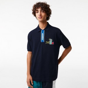 Men's Lacoste Contrast Placket And Crocodile Badge Polo Shirts Navy Blue | QDS160524