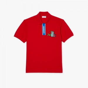 Men's Lacoste Contrast Placket And Crocodile Badge Polo Shirts Red | JDI783069