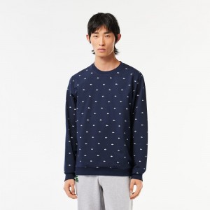 Men's Lacoste Contrast Print Lounge Sweatshirt Navy Blue White | DXN042563