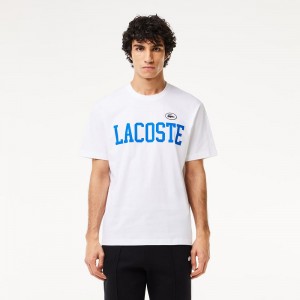 Men's Lacoste Cotton Contrast Print & Badge T-Shirt White | CUT407583