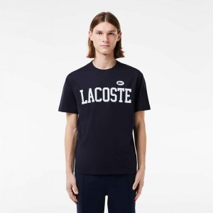 Men's Lacoste Cotton Contrast Print & Badge T-Shirt Abysm blue | NWO341720