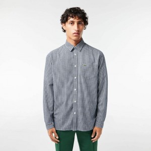 Men's Lacoste Cotton Flannel Shirt Navy Blue White | TIH652019