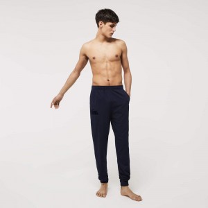 Men's Lacoste Cotton Fleece Lounge Joggers Navy Blue | TJP830942