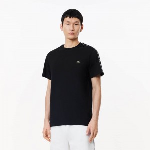 Men's Lacoste Cotton Jersey Logo Stripe T-Shirt Black | GCL109537