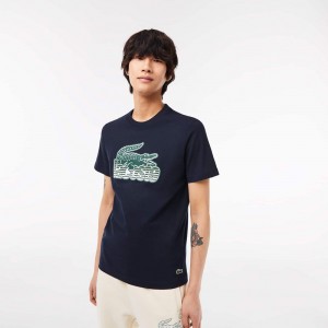 Men's Lacoste Cotton Jersey Print T-Shirt Navy Blue | JDQ871632