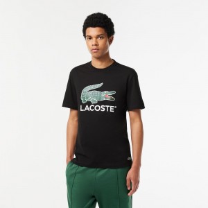 Men's Lacoste Cotton Jersey Signature Print T-Shirt Black | HUC789136