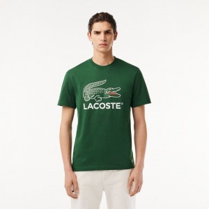 Men's Lacoste Cotton Jersey Signature Print T-Shirt Pine green | JPM843912