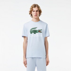 Men's Lacoste Cotton Jersey Signature Print T-Shirt Phoenix blue | OCV978315