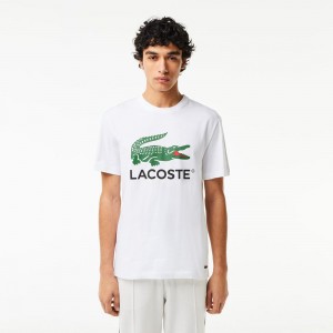 Men's Lacoste Cotton Jersey Signature Print T-Shirt White | TUE125408