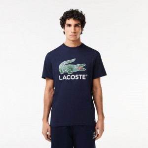 Men's Lacoste Cotton Jersey Signature Print T-Shirt Navy Blue | XPR123095