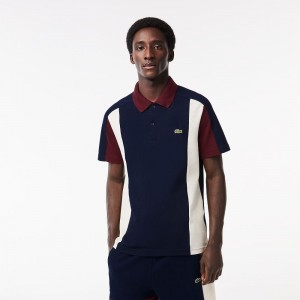 Men's Lacoste Cotton Piqué Colorblock Polo Shirts Navy Blue Bordeaux White | EQF529718