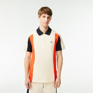 Men's Lacoste Cotton Piqué Colorblock Polo Shirts White Navy Blue Orange | SRY345609