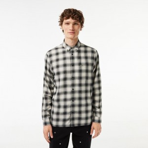 Men's Lacoste Cotton and Wool Blend Checked Flannel Shirt Black White | DKN719456