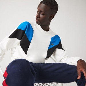 Men's Lacoste Crew Neck Colorblock Cotton Fleece Sweatshirt White Blue Black | GMQ853796