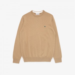 Men's Lacoste Crew Neck Cotton Sweater Beige | GFX614790