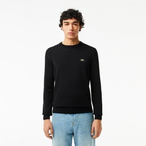 Men's Lacoste Crew Neck Cotton Sweater Black | ASL796105