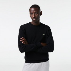 Men's Lacoste Crew Neck Cotton Sweater Black | OJT547639