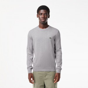 Men's Lacoste Crew Neck Cotton Sweater Grey Chine | GSH780512