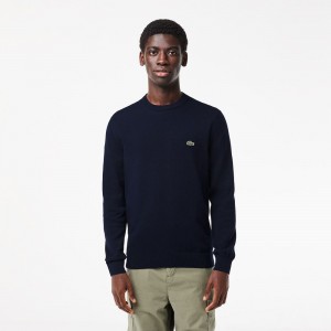 Men's Lacoste Crew Neck Cotton Sweater Navy Blue | WNO674102