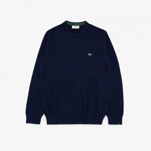 Men's Lacoste Crew Neck Cotton Sweater Navy Blue | MPX784265