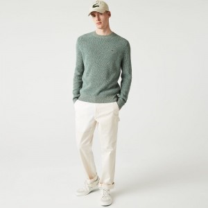 Men's Lacoste Crew Neck Heathered Knit Sweater White Green Beige | NSJ152367