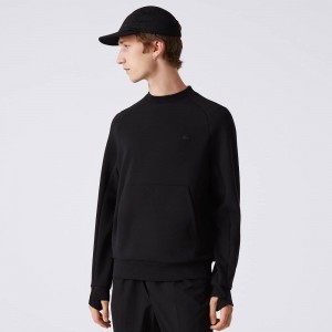 Men's Lacoste Crew Neck Kangaroo Pocket Cotton Blend Sweatshirt Black | NUJ807596