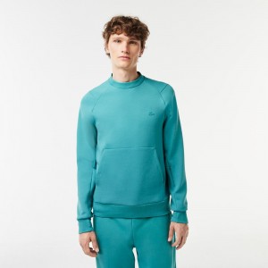 Men's Lacoste Crew Neck Kangaroo Pocket Cotton Blend Sweatshirt Blue | HRF172960