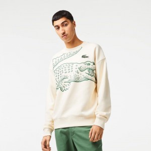 Men's Lacoste Crew Neck Loose Fit Croc Print Sweatshirt Cream | UZF983067