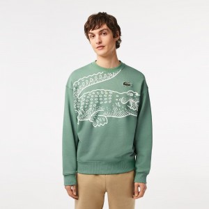 Men's Lacoste Crew Neck Loose Fit Croc Print Sweatshirt Khaki Green | AXY754693