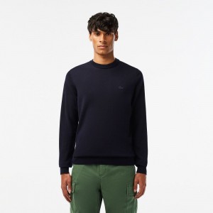 Men's Lacoste Crew Neck Merino Wool Sweater Navy Blue | CTH642530