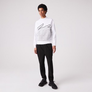 Men's Lacoste Crew Neck Oversized Crocodile Cotton Blend Sweatshirt White | WPK514032