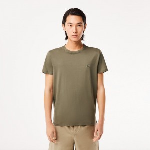 Men's Lacoste Crew Neck Pima Cotton Jersey T-Shirt Khaki Green | SBD412067