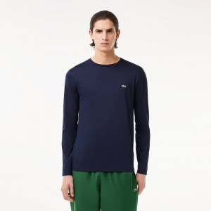 Men's Lacoste Crew Neck Pima Cotton Jersey T-Shirt Navy Blue | JMX159430