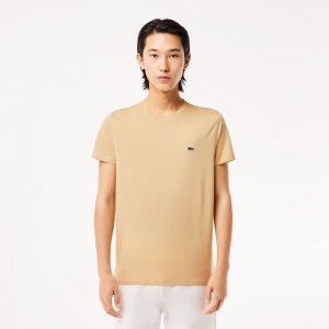 Men's Lacoste Crew Neck Pima Cotton Jersey T-Shirt Beige | URM231046