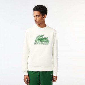 Men's Lacoste Crew Neck Unbrushed Fleece Sweatshirt White | YPS793586