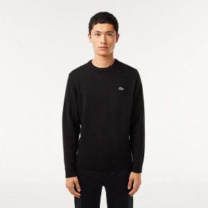 Men's Lacoste Crew Neck Wool Sweater Black | OZD754129