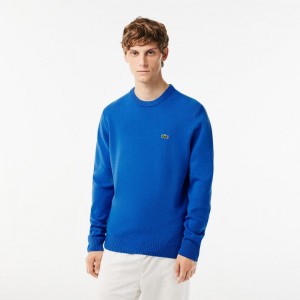 Men's Lacoste Crew Neck Wool Sweater Blue | URA268349