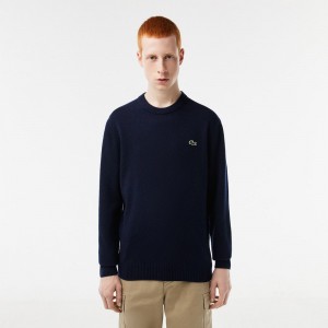 Men's Lacoste Crew Neck Wool Sweater Navy Blue | FDR860753