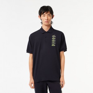 Men's Lacoste Croc Badge Piqué Polo Shirts Abysm blue | EVB864025