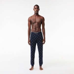 Men's Lacoste Croc Pattern Stretch Cotton Pants Pajamas Navy Blue White | JCR521487