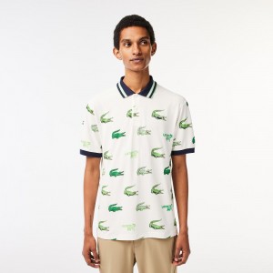 Men's Lacoste Croc Print Golf Polo Shirts White Navy Blue Green White | MZV637509