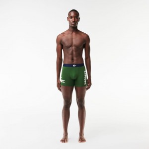 Men's Lacoste Croc Waist Stretch Cotton 3-Pack Boxer Briefs Green Navy Blue White | LBX378924