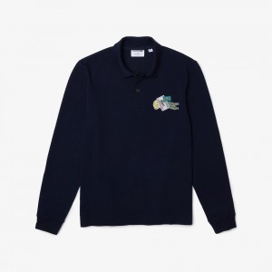 Men's Lacoste Crocodile Comic Badge Polo Shirts Navy Blue | BRJ309842