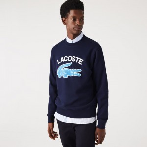 Men's Lacoste Crocodile Print Crew Neck Sweatshirt Navy Blue | RLC528076