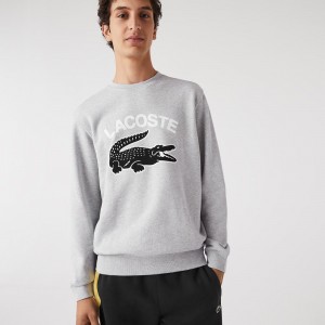 Men's Lacoste Crocodile Print Crew Neck Sweatshirt Grey Chine | RBT418025