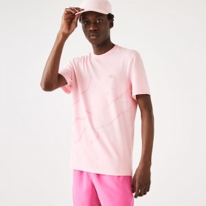 Men's Lacoste Crocodile Print Crew Neck Stretch Organic Cotton T-Shirt Pink | CNE238406